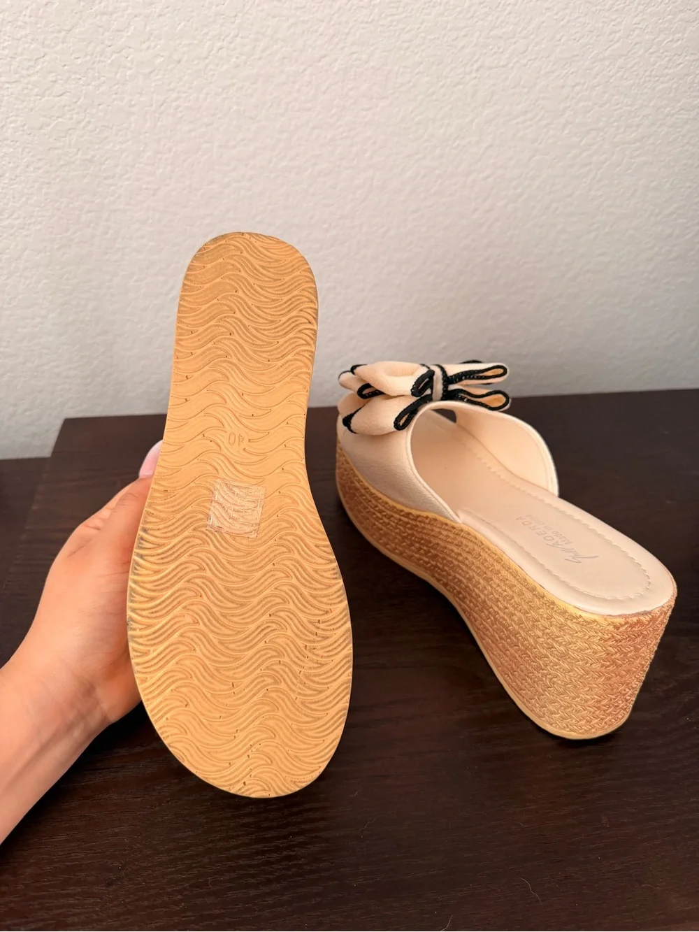 Wedge Slide Sandals with Cream Bow Accent